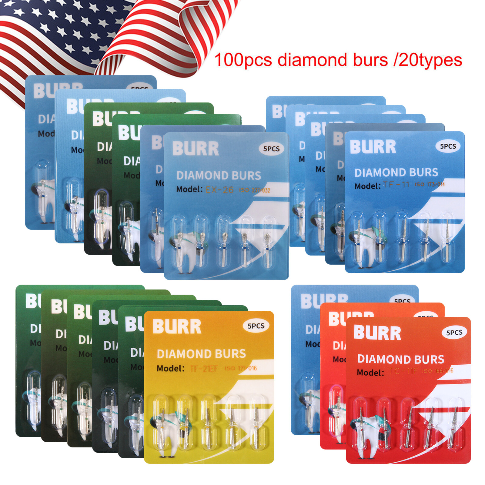 US 100pcs Dental Diamond Burs Kit for High Speed Handpiece Medium FG 1.6MM