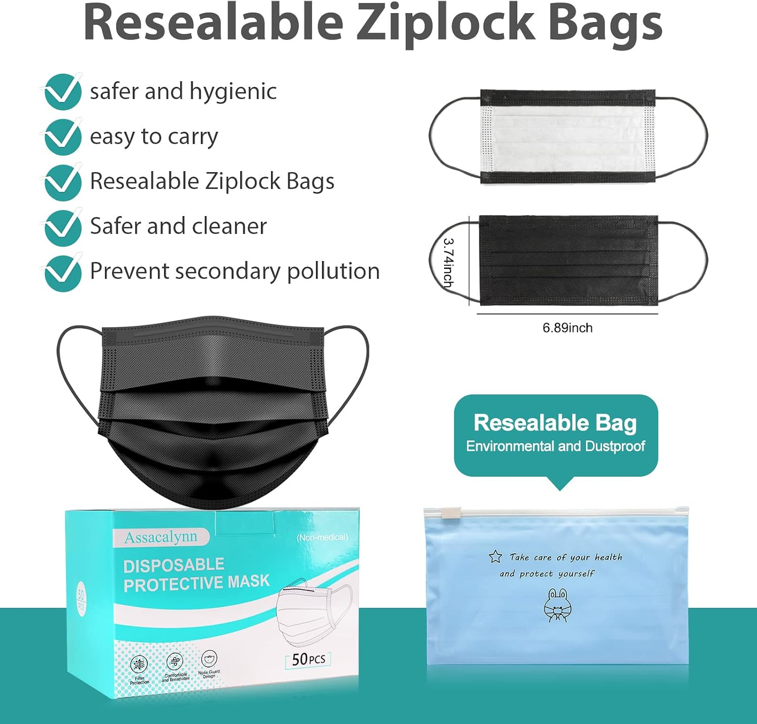 Disposable Mask 4 Layer 2023 Black Mask with White Inside, Breathable Single Use