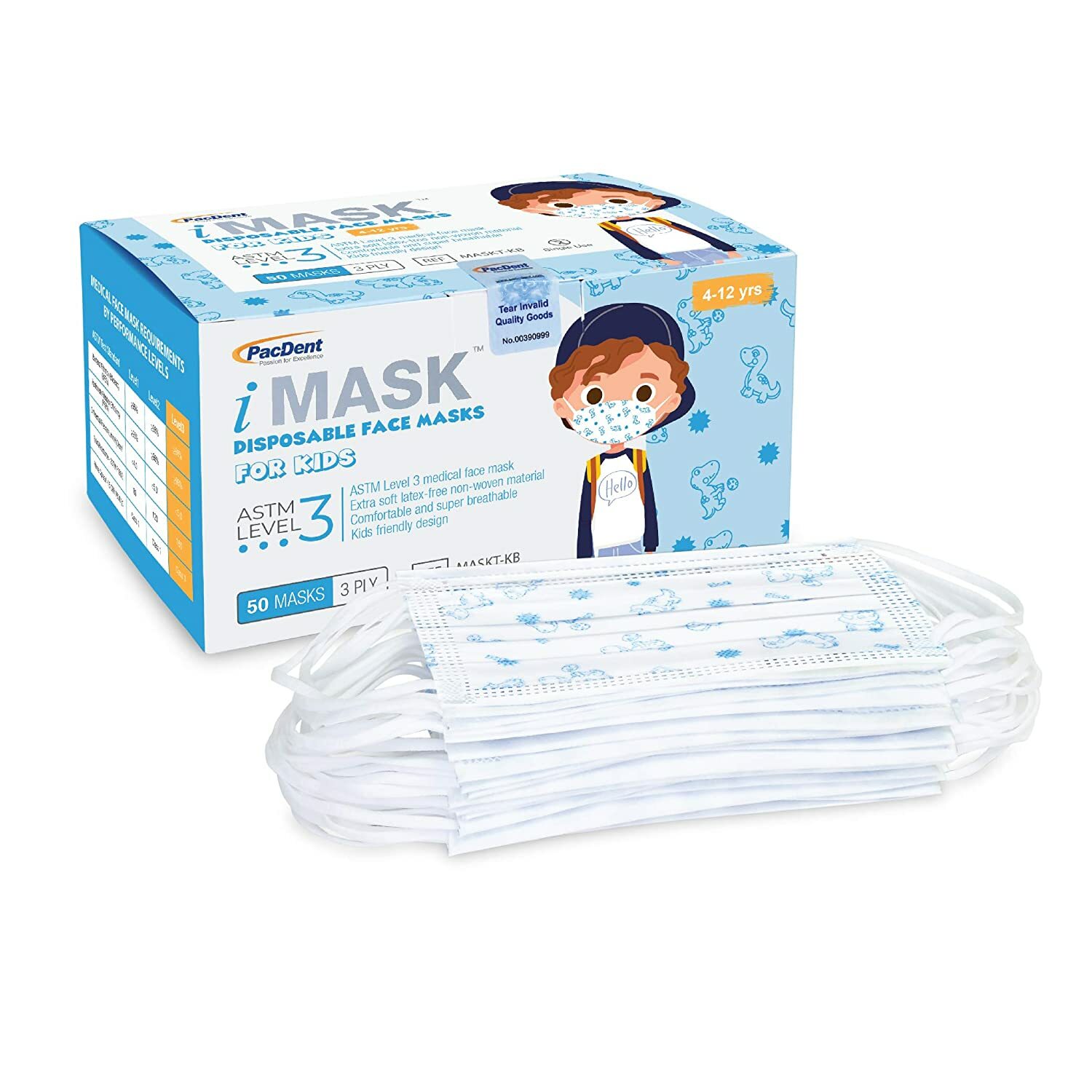 100Pcs 3Ply iMask Blue Kid Earloop Face Mask ASTM Level 3 Non-woven BFE&PFE ≥98%