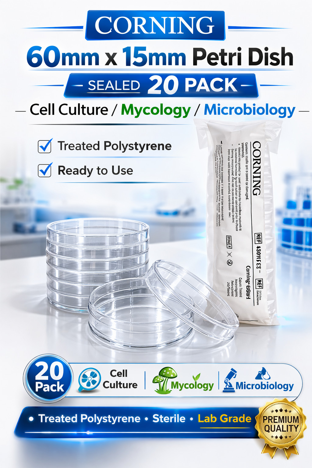 Petri Dishes Corning 60mm x 15mm – 20/Pack Sleeve – Mycology/Lab – Sealed