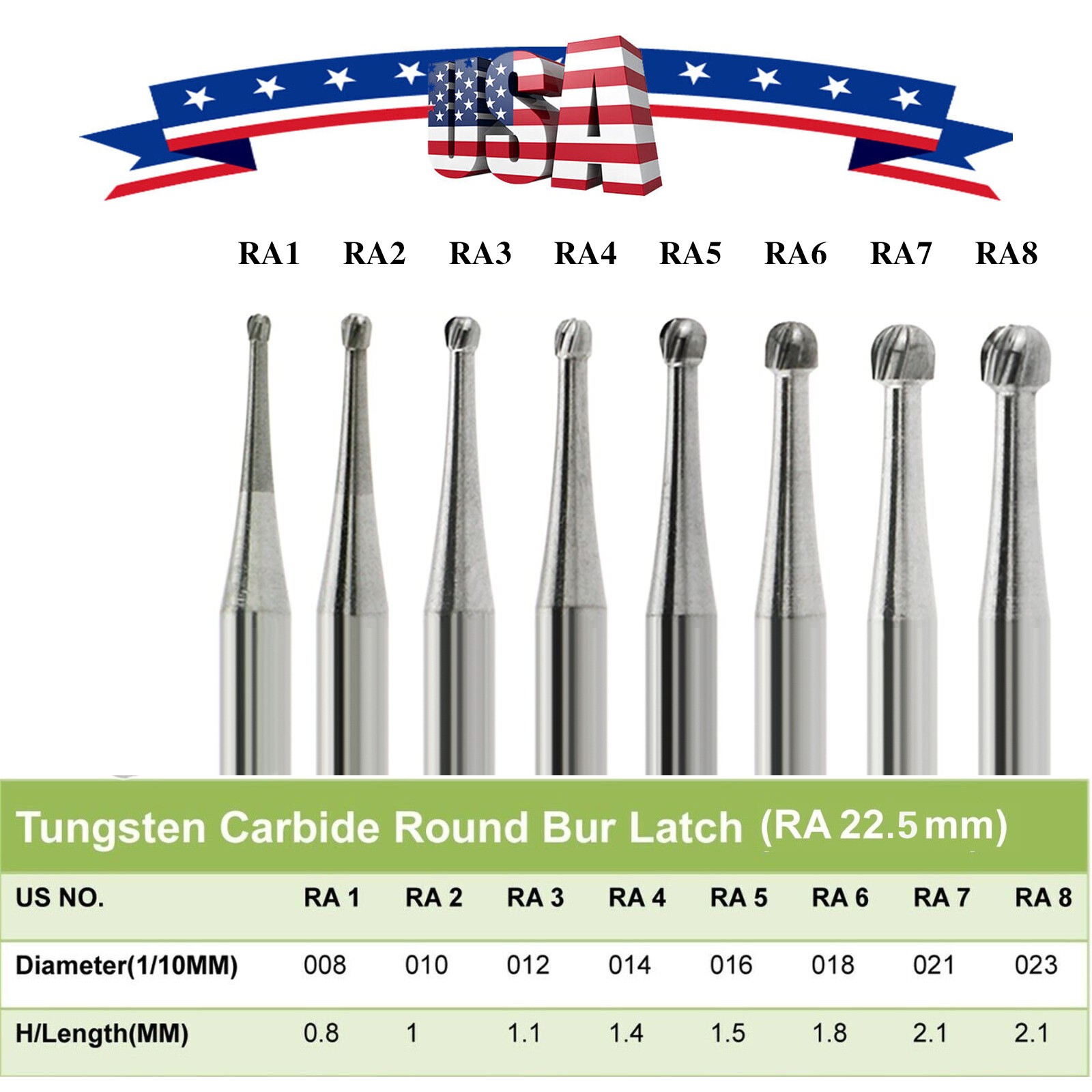 5pcs Dental Round Carbide Bur for Slow Speed Latch Type RA 1# -RA 8#