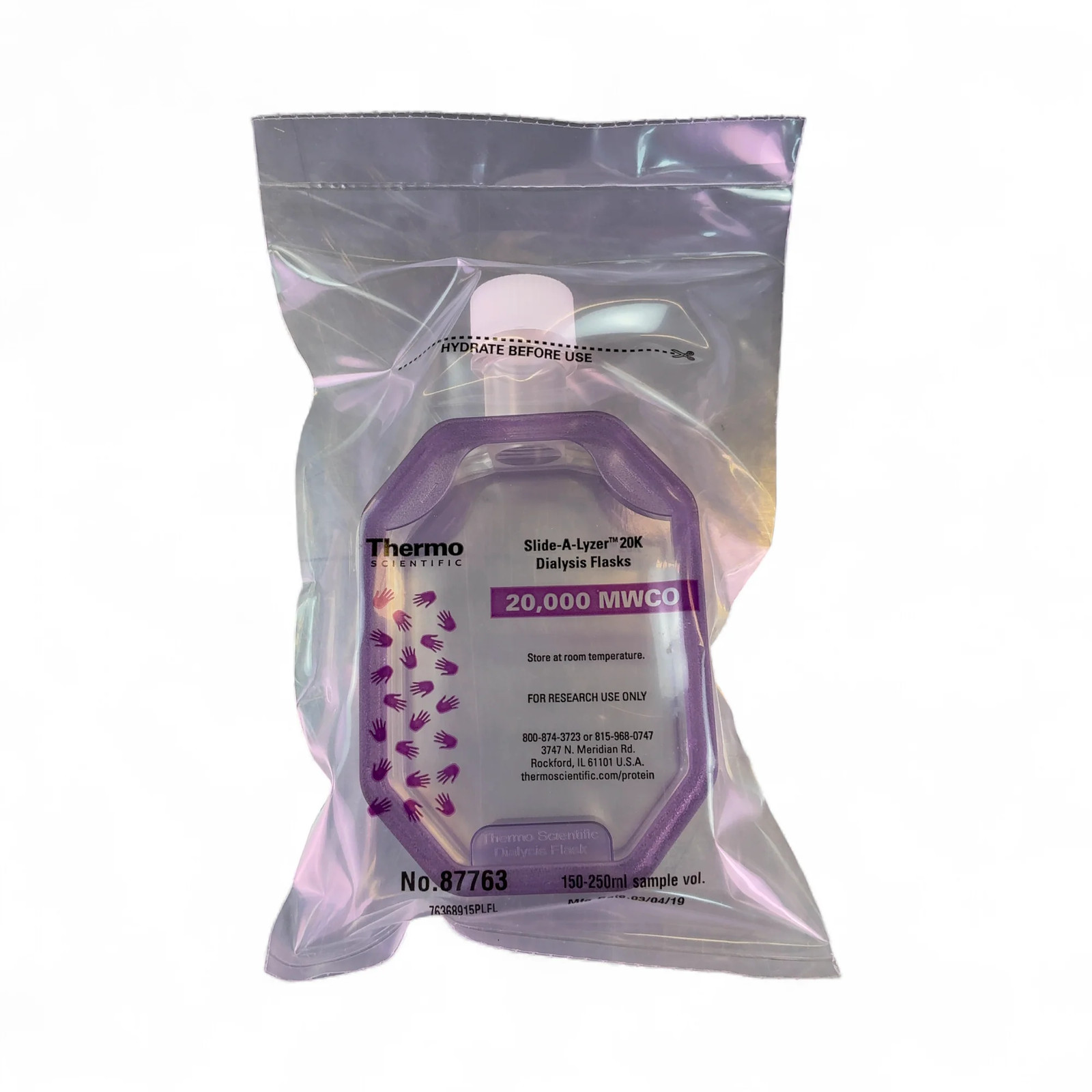 Thermo Scientific Slide-A-Lyzer 250mL Dialysis Flask 20K-MWCO 87763, March 2019