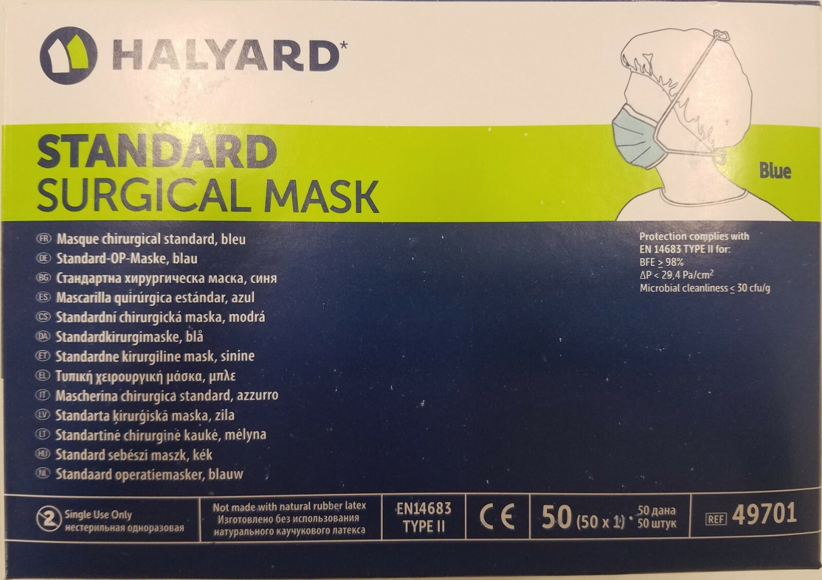 *50-Pieces* Halyard Standard Surgical Mask Blue 49701