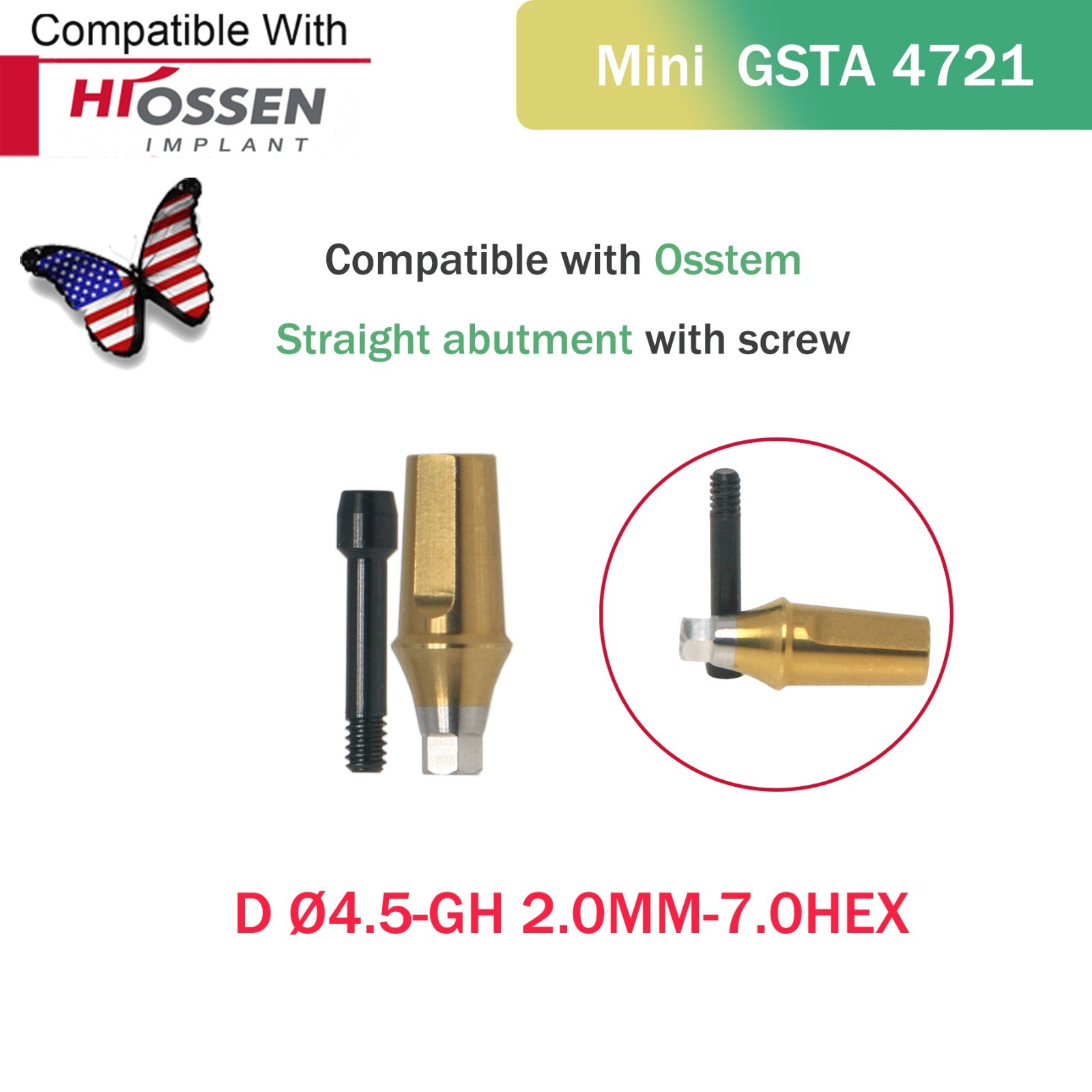 US Titanium Straight Transfer Hex Abutment Fit Hiossen ET/Osstem TS Mini/Regular