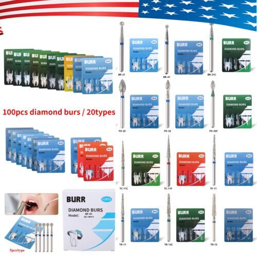US 100pcs Dental Diamond Burs Kit for High Speed Handpiece Medium FG 1.6MM