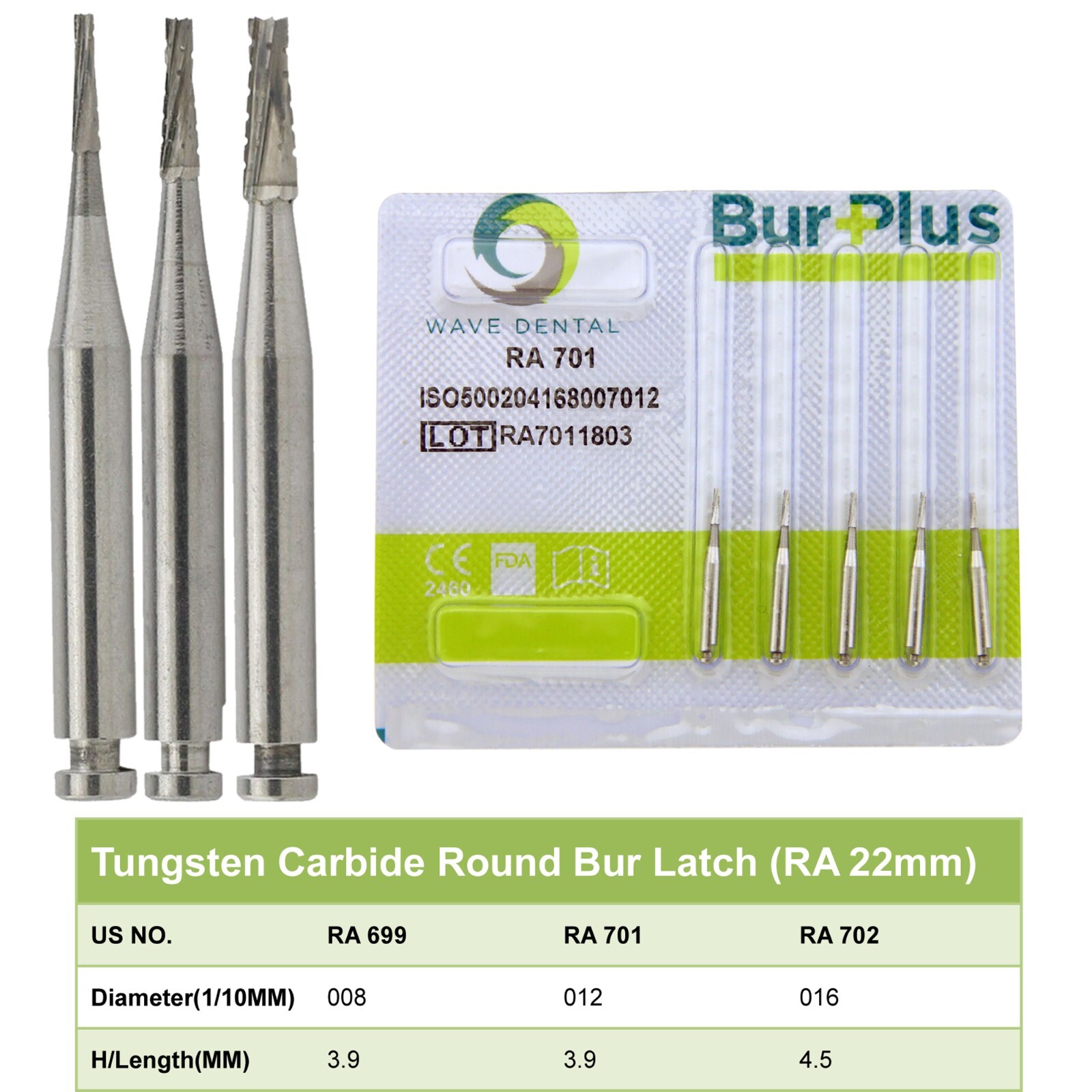 WAVE DENTAL Round Carbide Bur for Slow Speed Latch RA1-8 Taper Fissure RA702 699