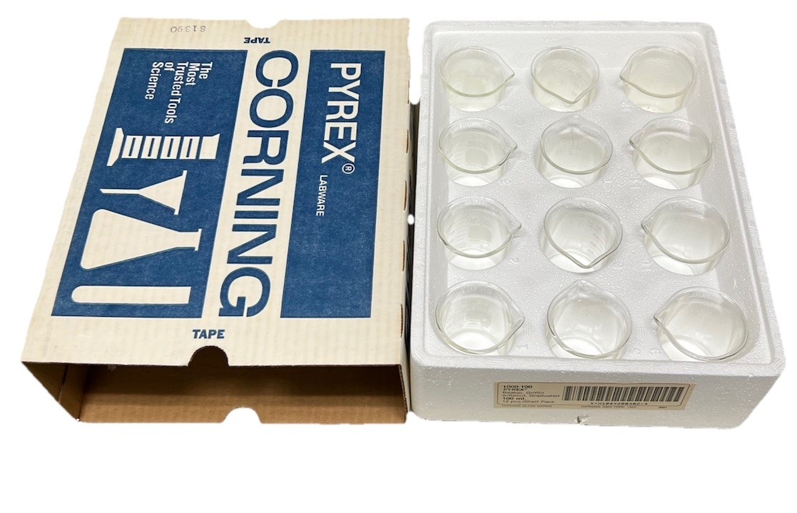 Corning PYREX 1000-100 100mL Glass Griffin Beaker w/ Spout 12-Pack Open Box
