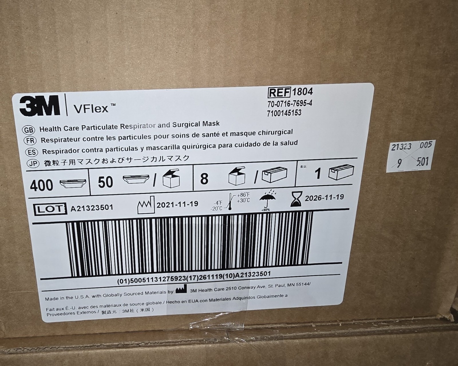 3M VFlex 1804 Particulate Respirator NIOSH N95 Surgical Masks, Box of 50