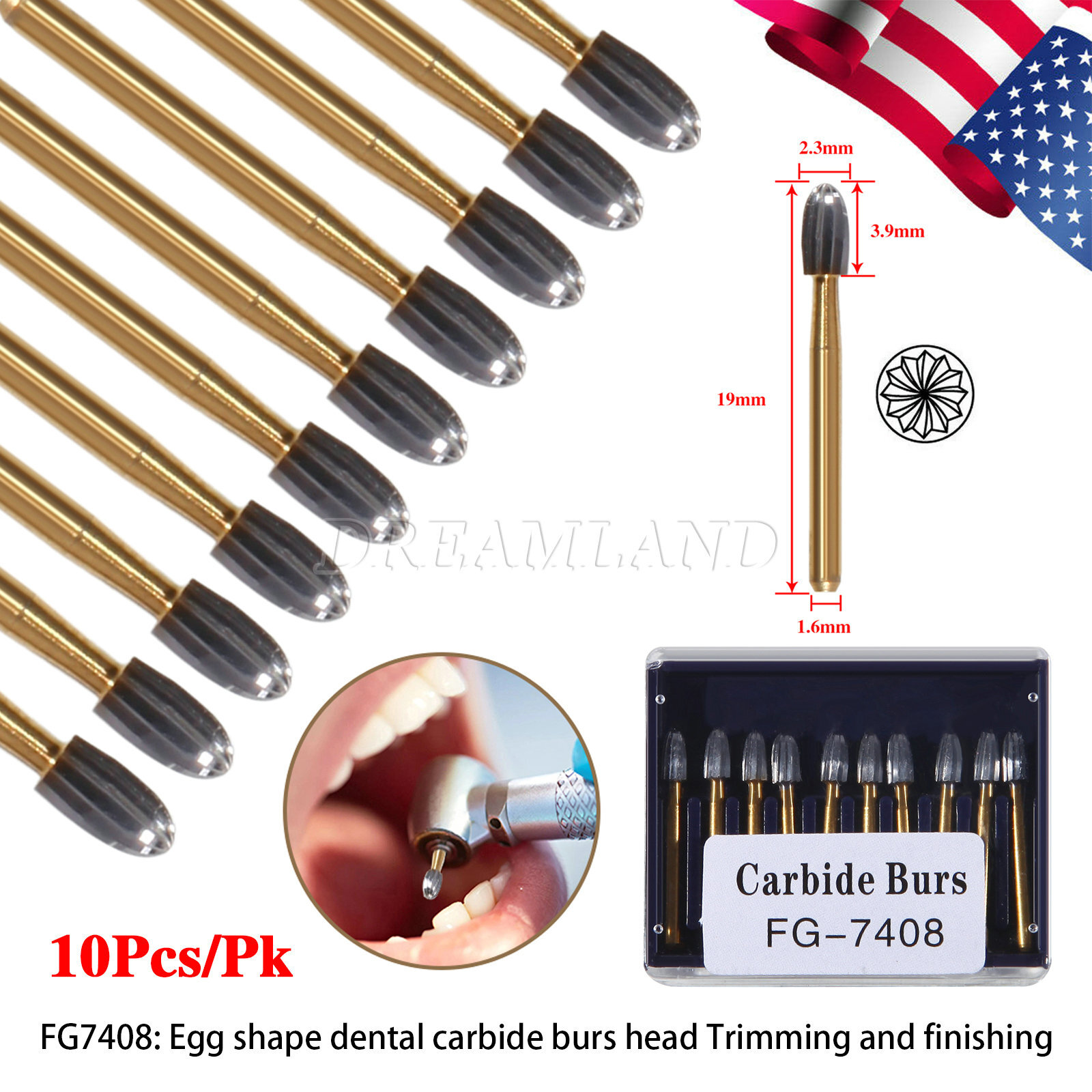10Pcs Dental Tungsten Carbide Burs Trimming & Finishing Egg Football Bur FG 7408