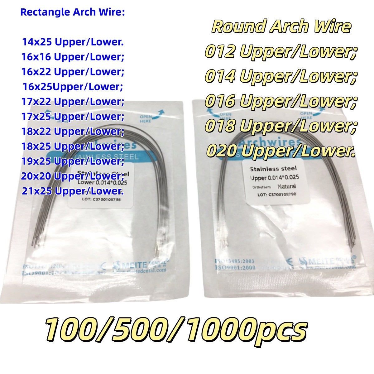 100Pc Dental Ortho S.S Arch Wire Round Rectangular Stainless Steel Wires Natural