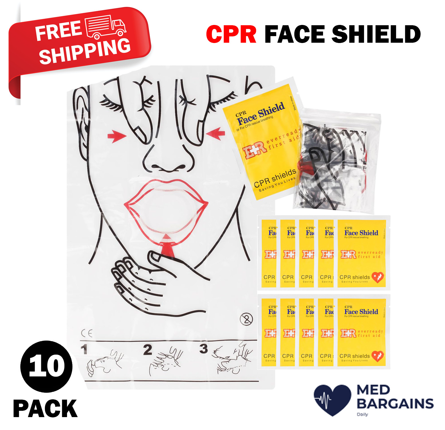 Ever Ready First Aid CPR Face Shield for Adults Children and Infants – 10 Pack