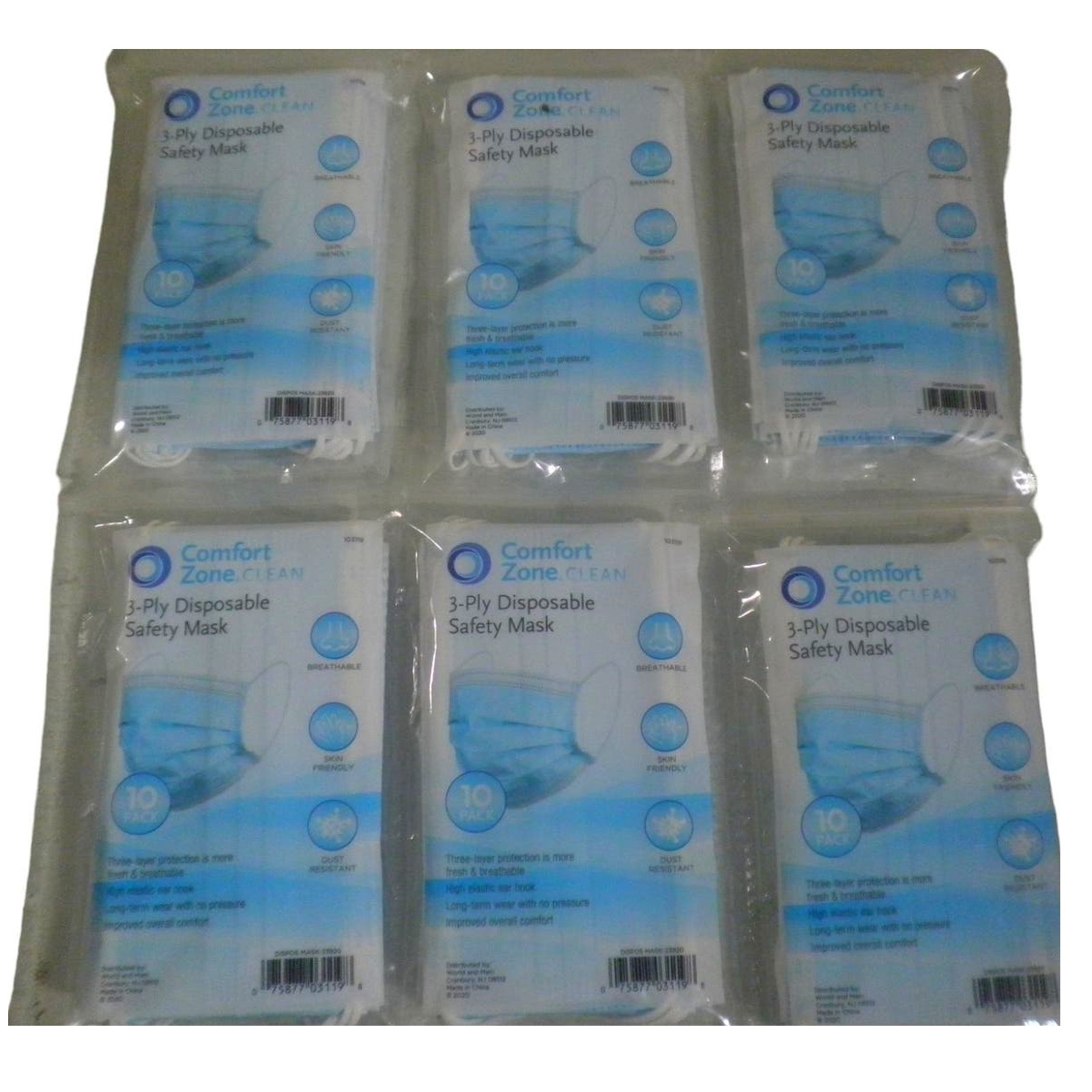 Comfort Zone 240-PK, Non-Medical Mask (24 x 10-PKS) 3-Layer, Disposable