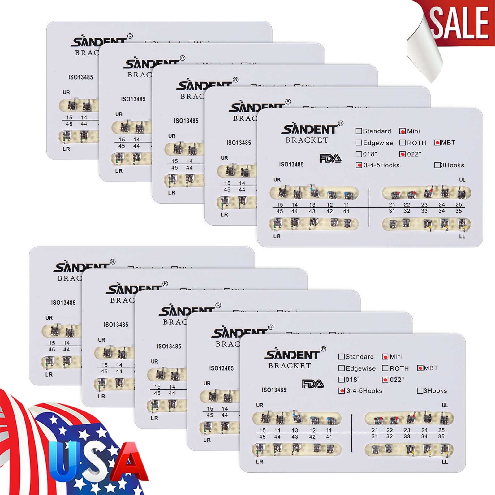 10 Packs/200pcs YOKA ORTHO Metal Mini MBT 022 Slot Bracket 345 Hooks #1 Type USA
