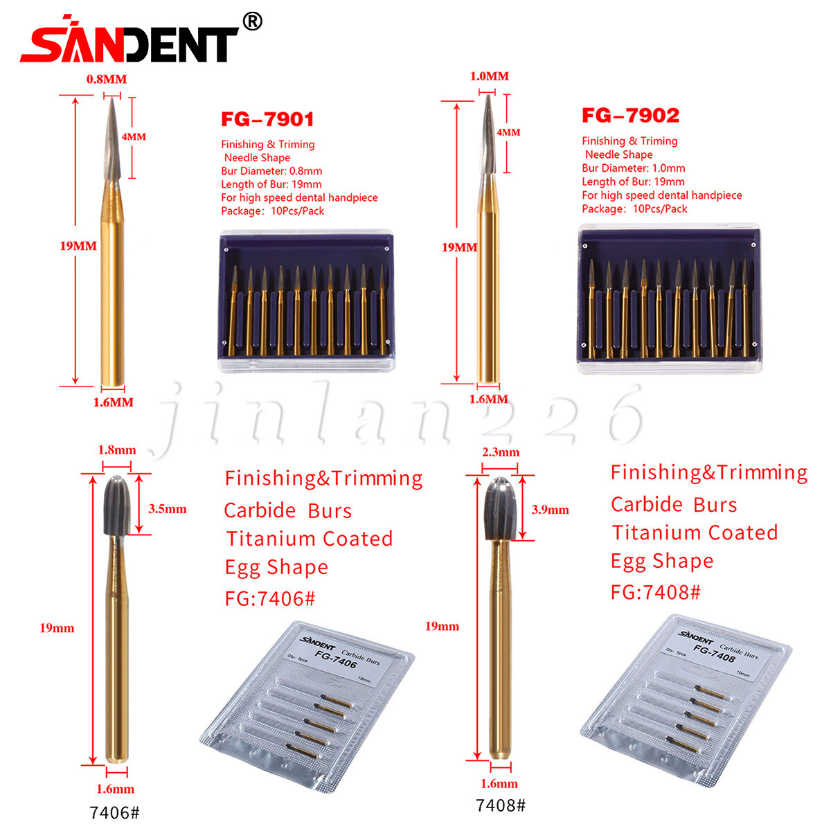 Dental Tungsten Carbide Burs Finishing Polishing Trimming FG Egg Football Flame
