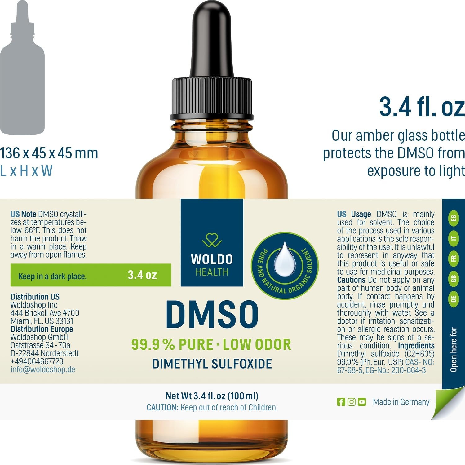 DMSO (Dimethyl Sulfoxide) 99.9% Pharmaceutical Grade 3.38Oz – Glass Bottle wi…