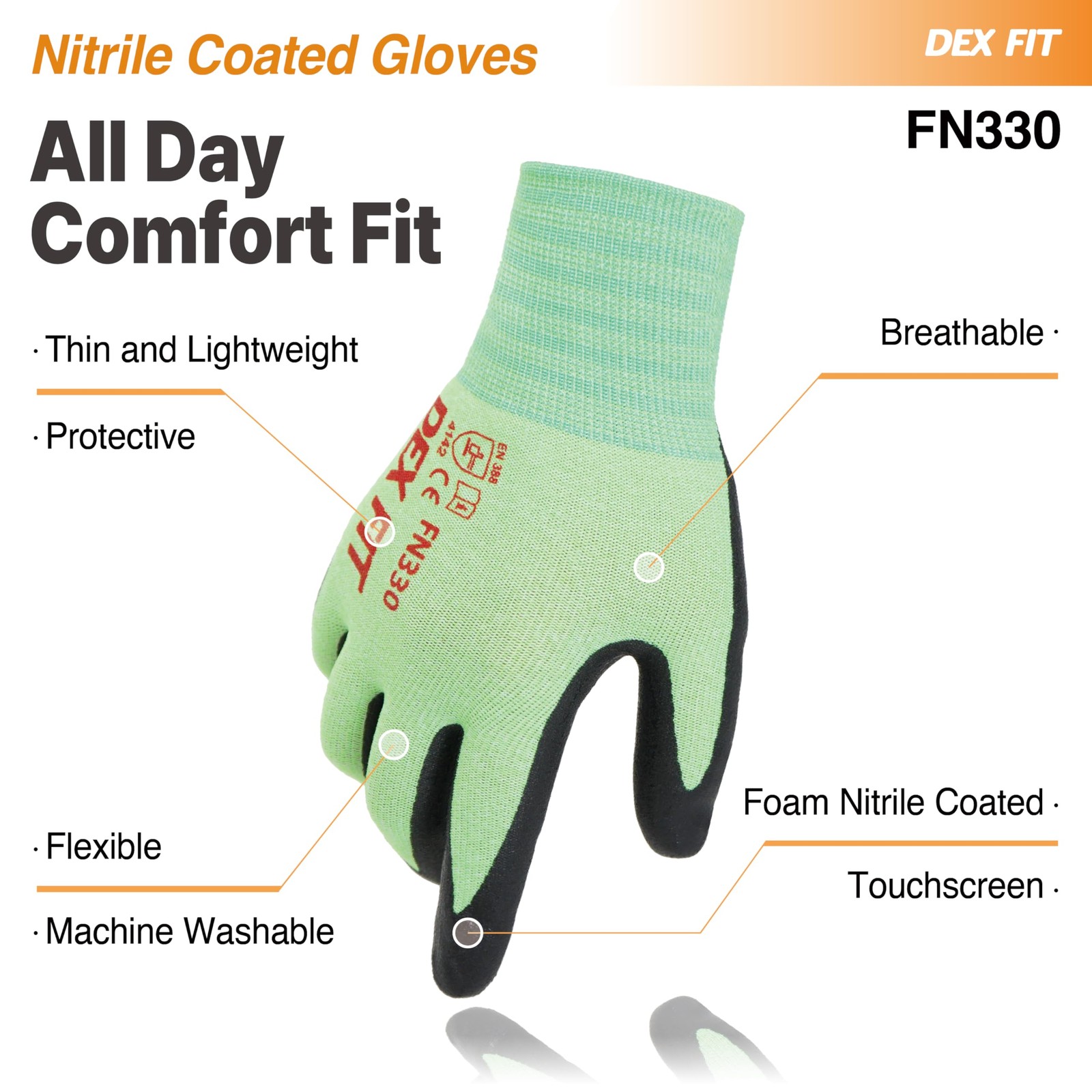 DEX FIT Nitrile Work Gloves FN330, 12 Pairs, 3D Comfort, Firm Grip, Thin, Washab