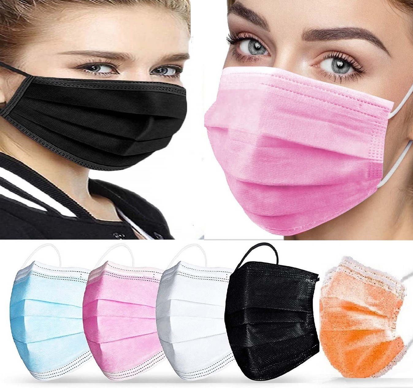 50pink + 50black NEW PROTECTIVE DISPOSABLE FACE MASK 3-LAYERS NON-WOVEN