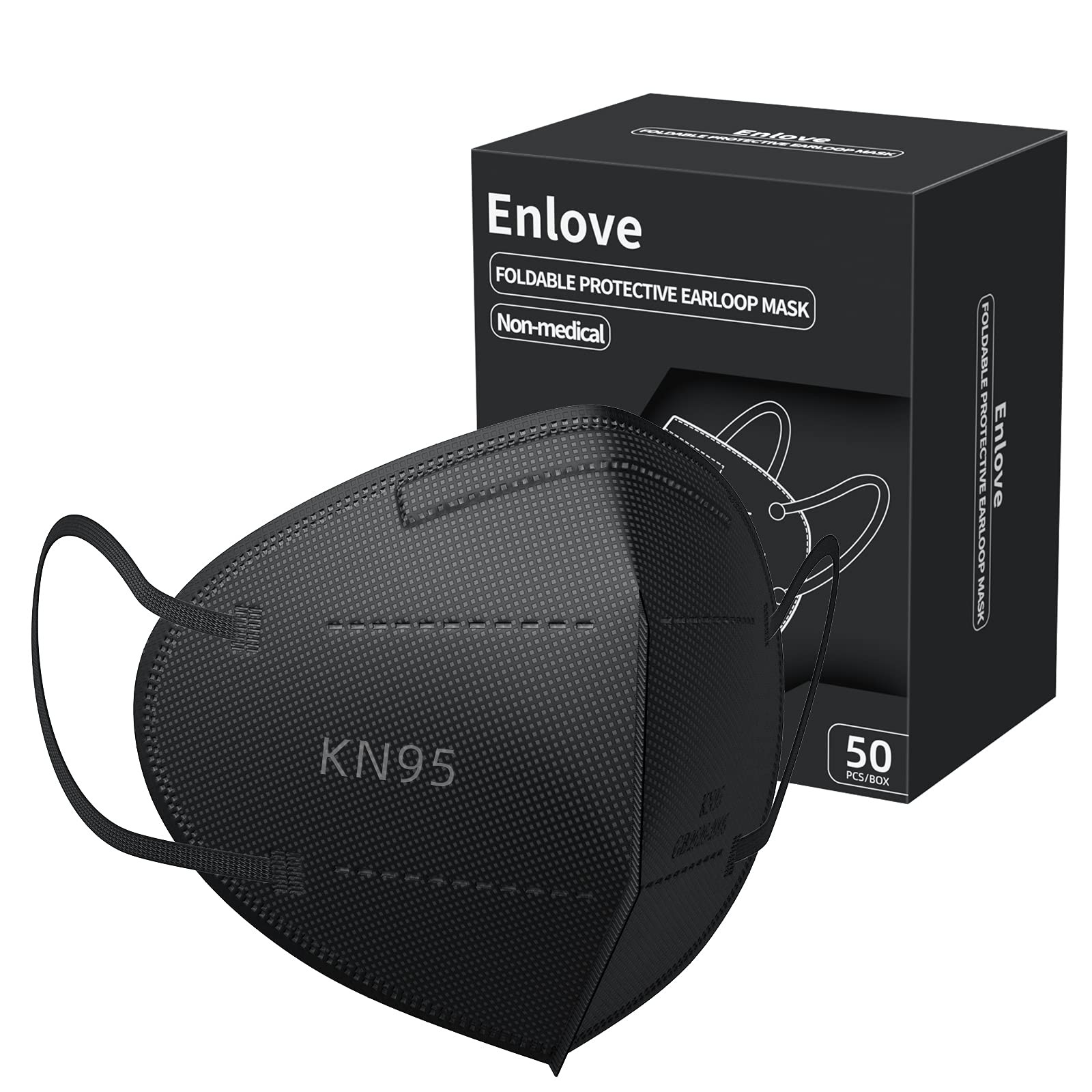 Enlove KN95 Face Mask Black 50 Pack, 5Layer Filter Efficiency≥95% Face Masks