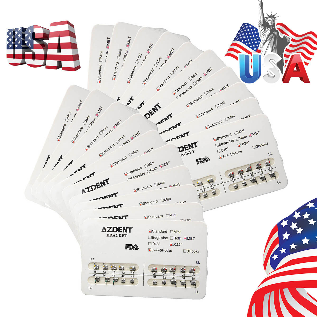 AZDENT Dental Orthodontic Bracket Braces Standard MBT Slot .022 Hooks 3-4-5