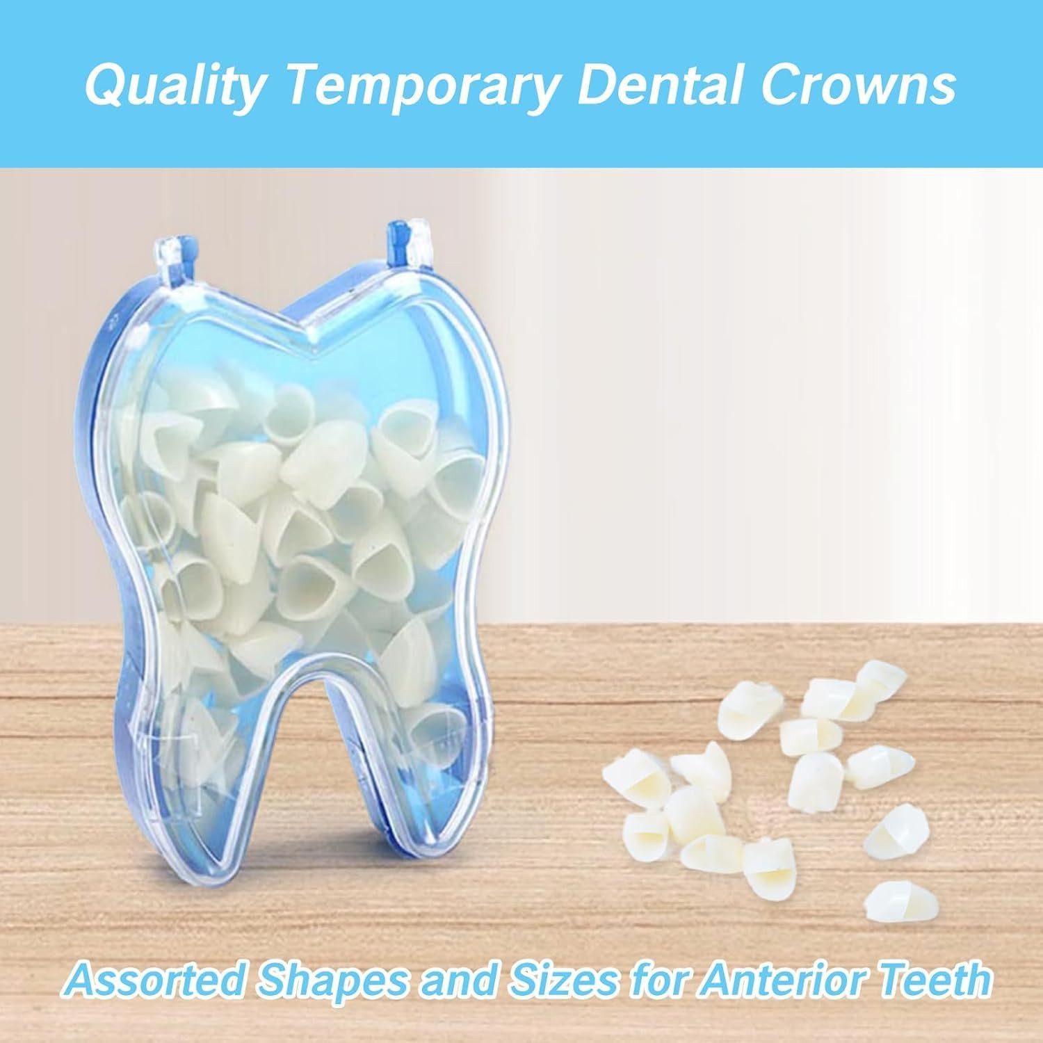 100 Pcs Tooth Caps for Broken Tooth Mixed Sizes Dental Temporary Crown Kit Front