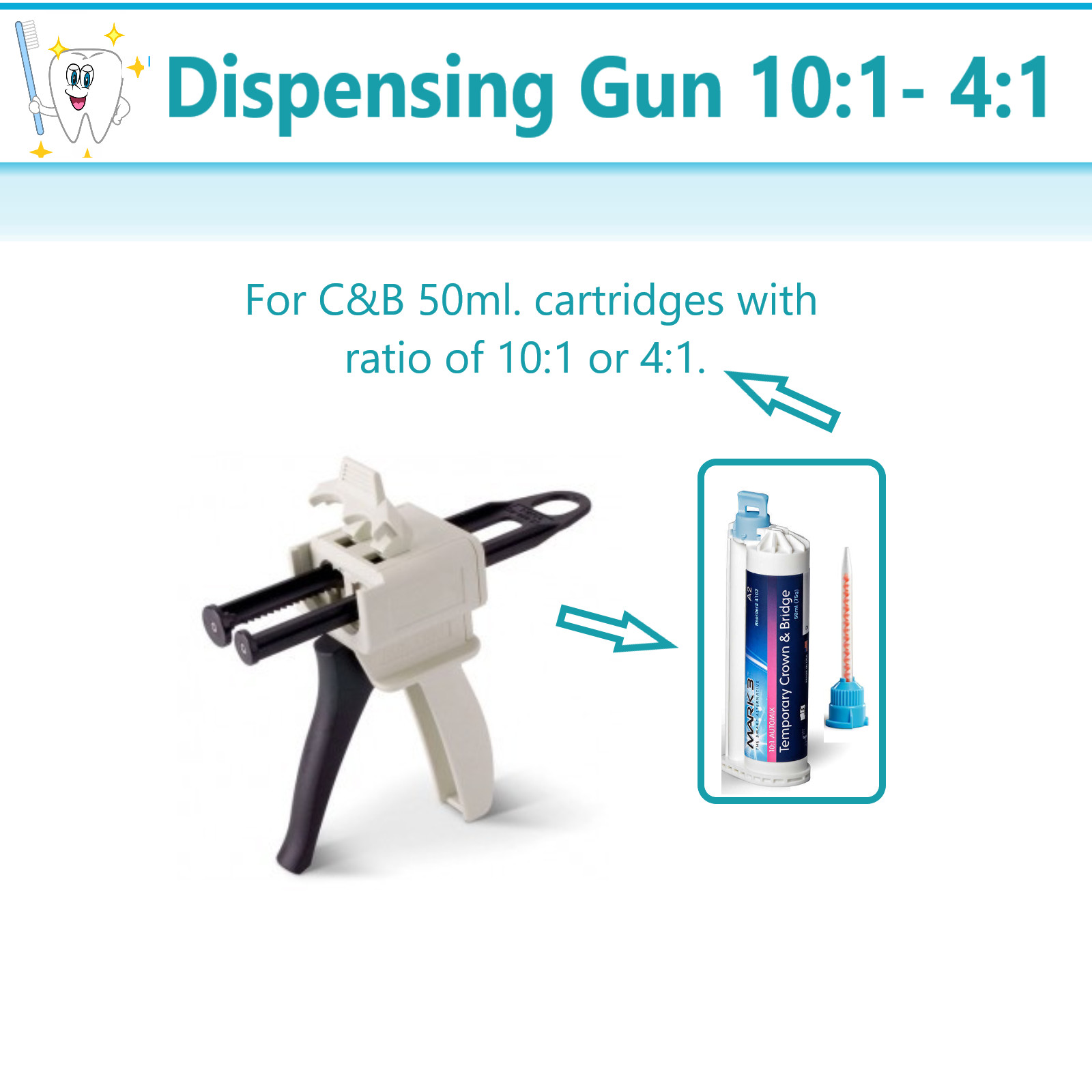 Dental C&B Dispensing Gun 10:1- 4:1 Ratio 50ml Auto Mix Core Build-Up Gun