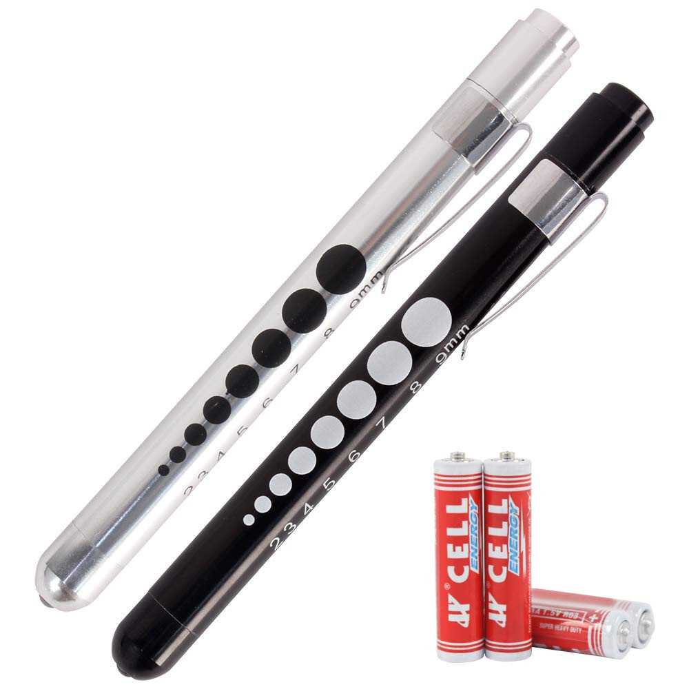 Ever Ready First Aid LED Medical Pen Light Pupil Gauge – 2PACK Black and Silver