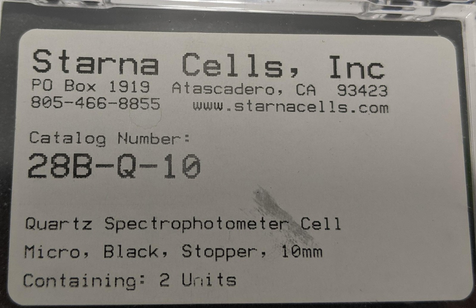 Starna 28B-Q-10 Black Quartz Micro Cuvettes, 10mm, Stoppers, Pair