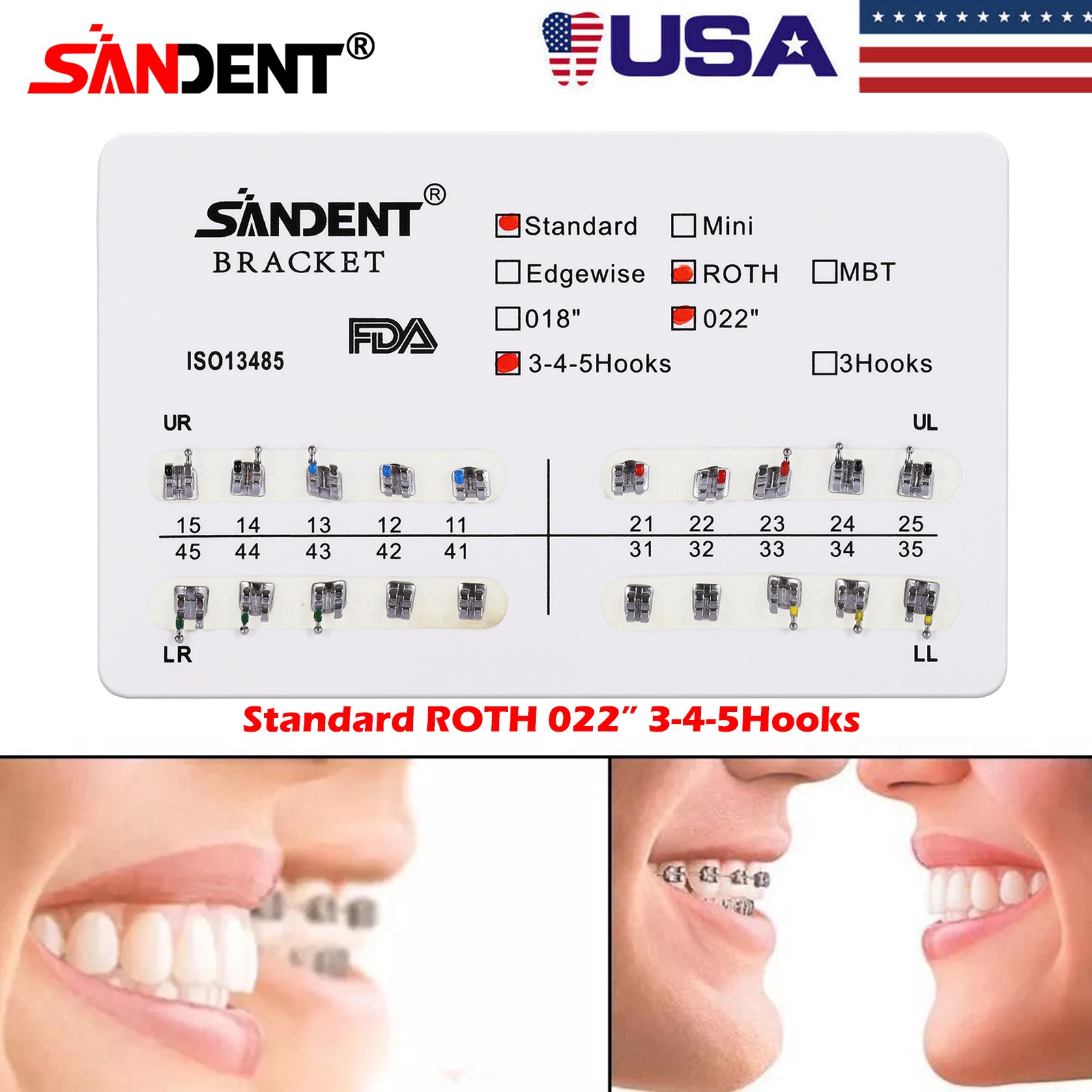 10 kits Dental Orthodontic Brackets Metal Braces Standard Roth 022 Hooks 3-4-5