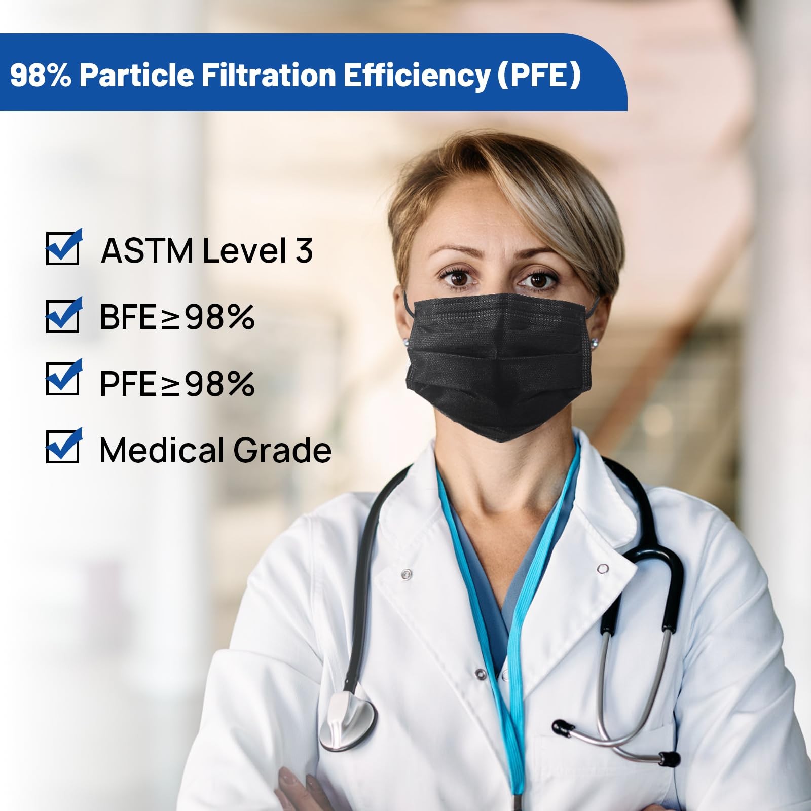 Level 3 Black Disposable Face Mask, 4-Ply Medical Face Masks for Adults, 50 Pack