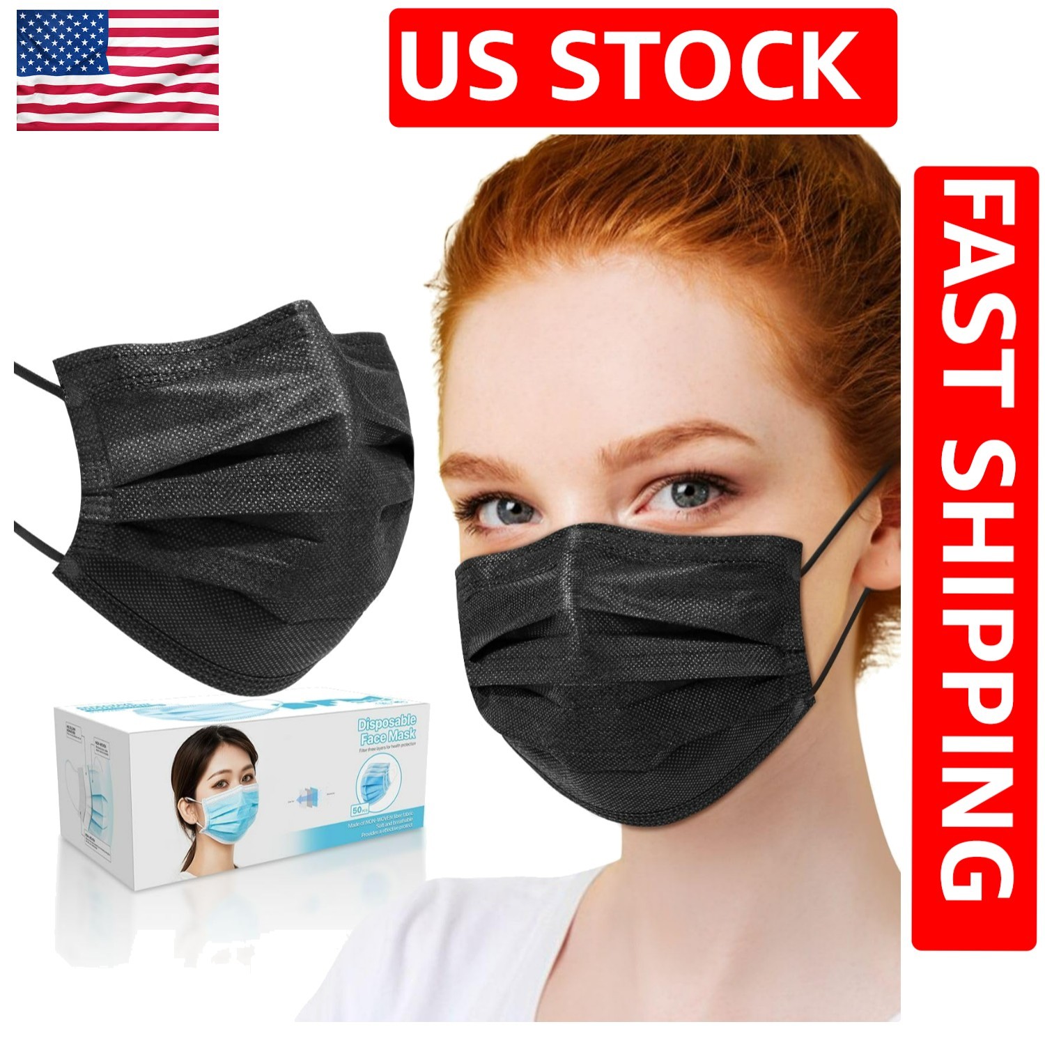 Pack of 50 Black 3-Ply Earloop Face Masks – Effective Pollution Protection