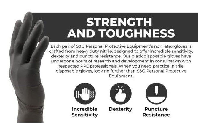 S&G Black Nitrile Gloves Latex Powder Free 3 Mil 1000pcs XS/S/M/L/XL