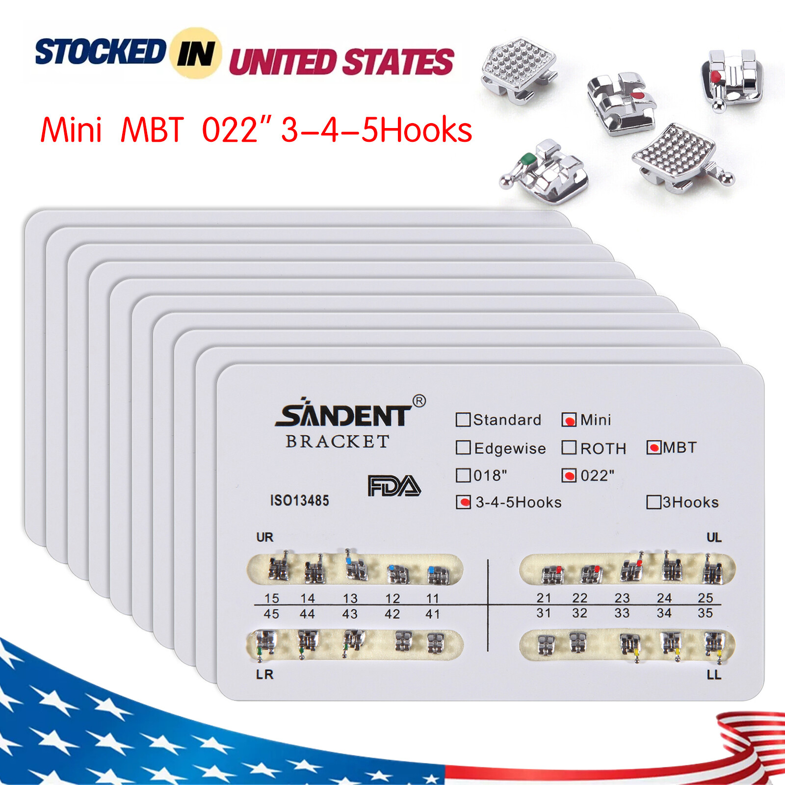 10 Packs/200pcs Orthodontics Metal Mini MBT 022 Slot Bracket 345 Hooks USA STOCK