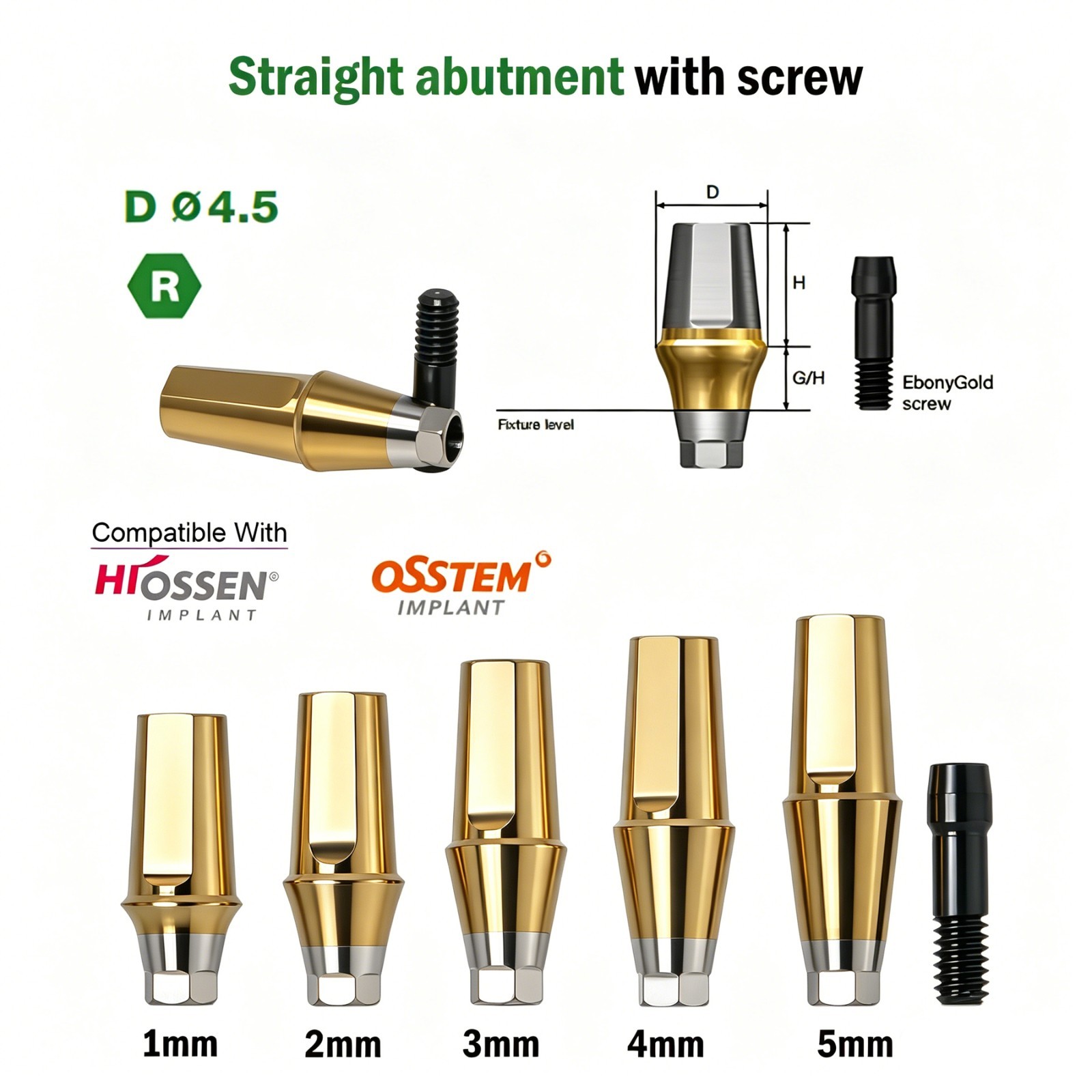 US Titanium Straight Abutment Hex For Hiossen ET Osstem TS Mini Regular Platform