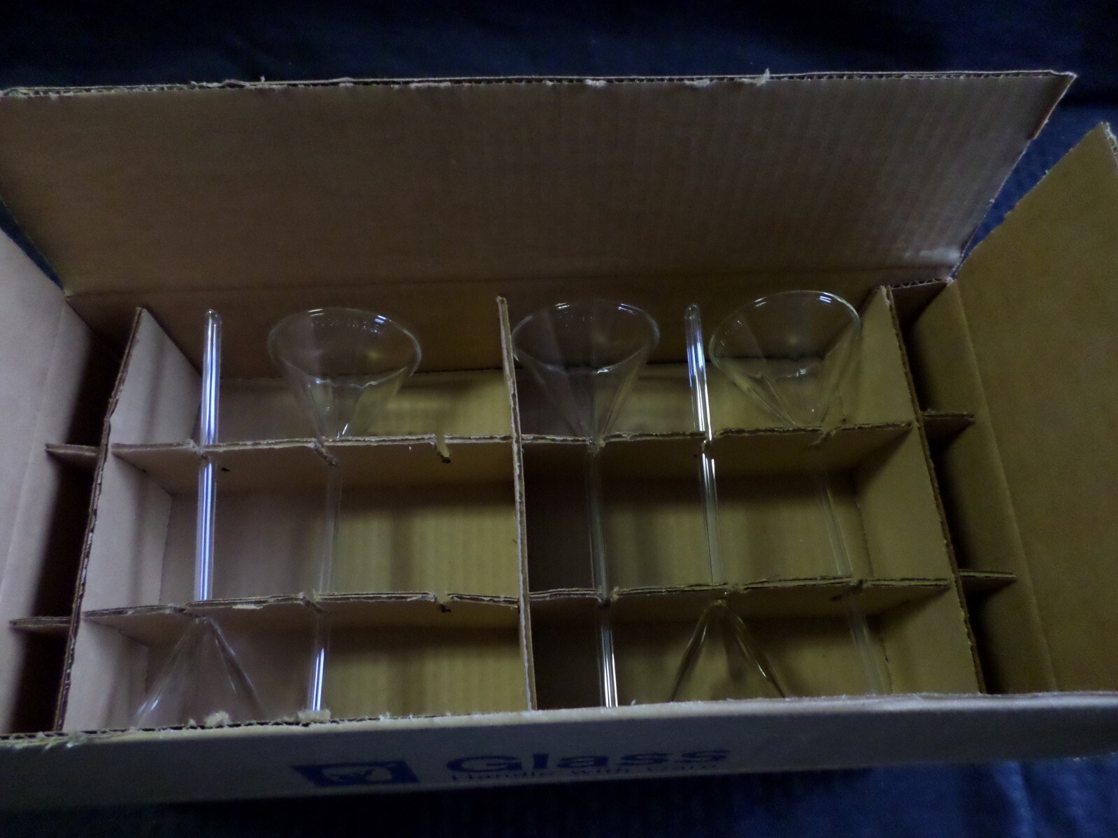 (11) NEW Corning PYREX Glass 75mm D 60° Angle Fluted Funnel w/ Long Stem 6160-75