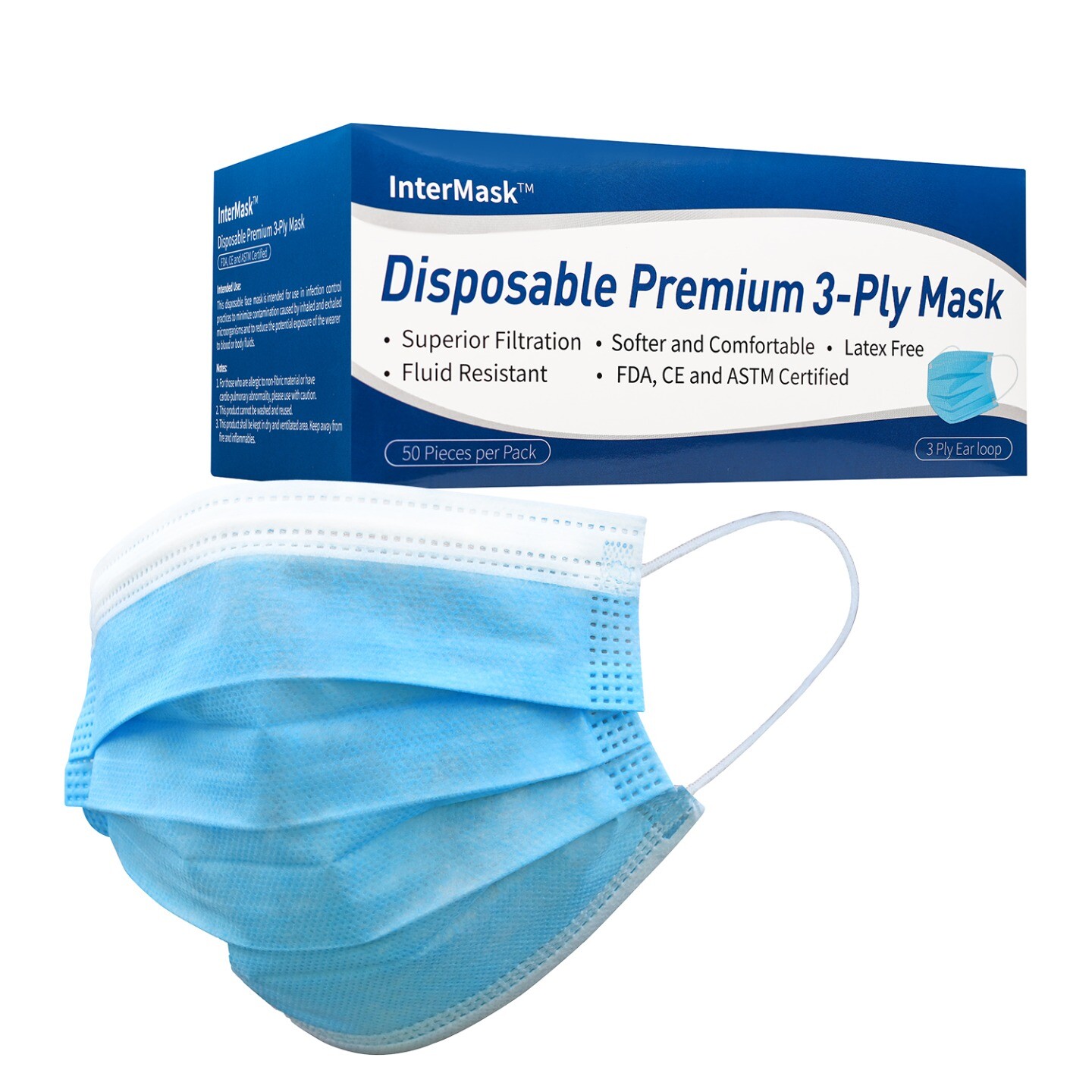 InterMask Disposable Premium 3-Ply Mask, ASTM Level 3, Box of 50