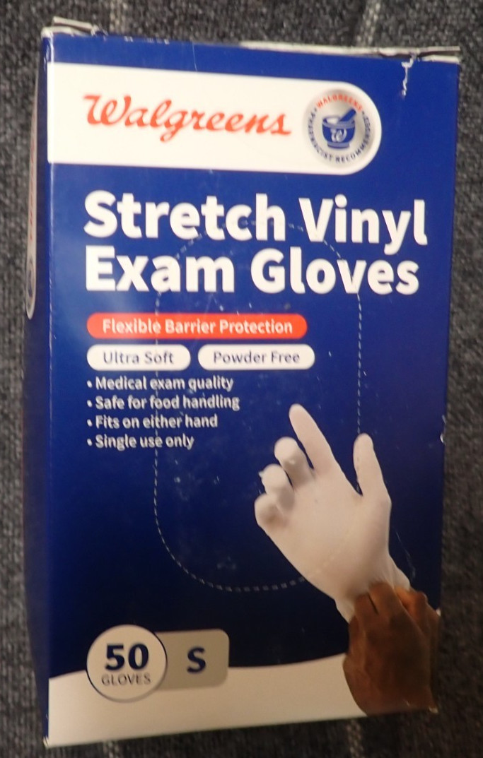 Walgreens Stretch Vinyl Exam Gloves Powder Free – 50 Count Size Small – Exp 9/26