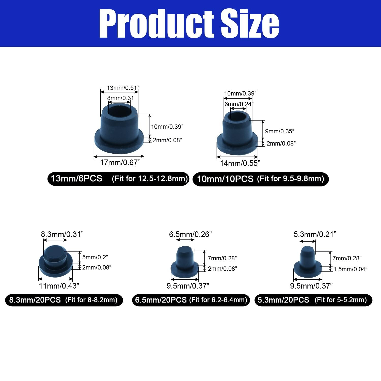 76PCS Black Hole Plugs Silicone Stoppers Assortment Kit Small Rubber Plugs fo…