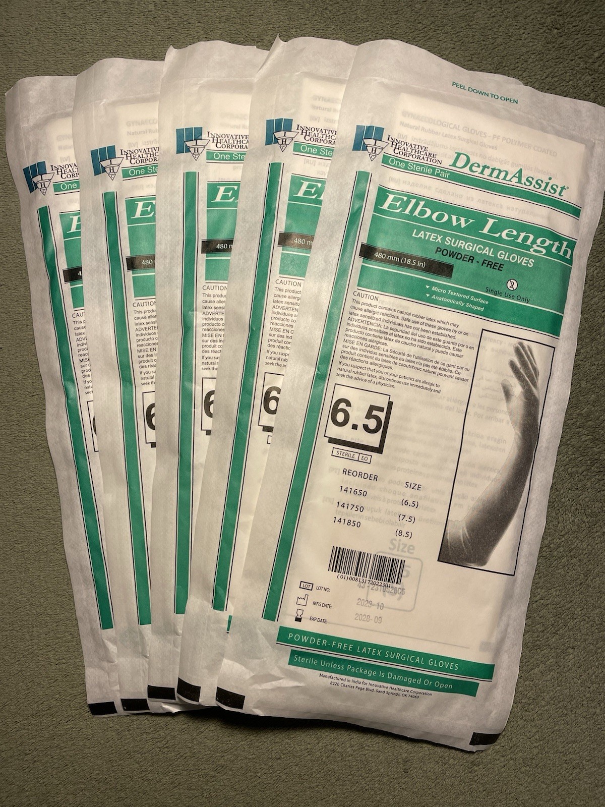 DermAssist Elbow Length Latex Surgical Gloves, 5 Pairs, Size 6.5