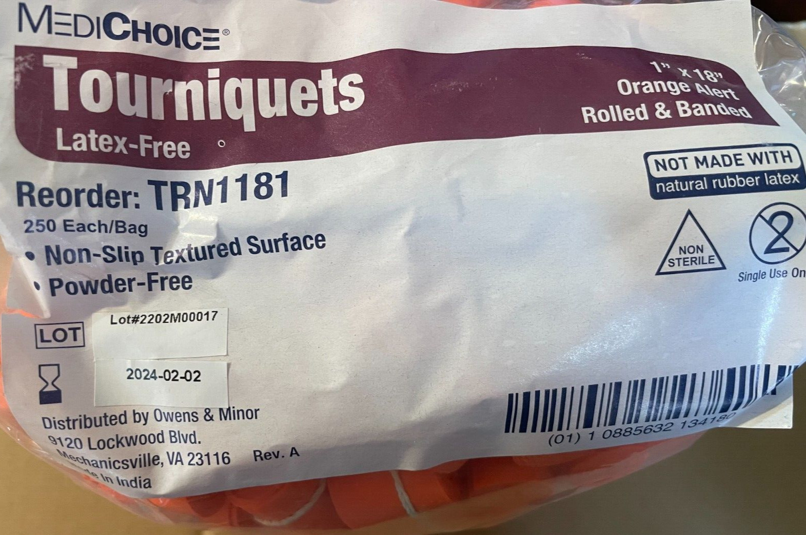 250 MEDICHOICE TOURNIQUET 1” X 18″ ORANGE ROLLED & BANDED TEXTURED LATEX-FREE