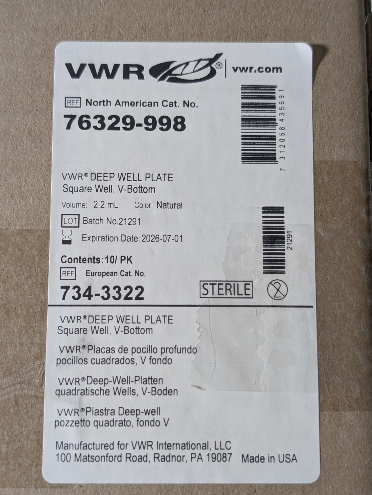VWR Polypropylene 2.2mL Square Well V-Bottom Deep Well Plate 76329-998 (10/pk)