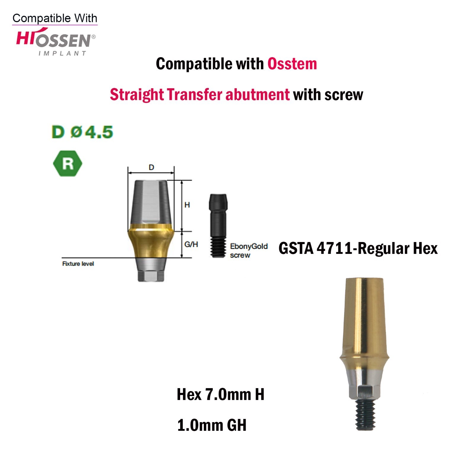 US Dental Straight Transfer Abutment Hex Regular Ø4.5For Osstem Hiossen TS 1-5mm