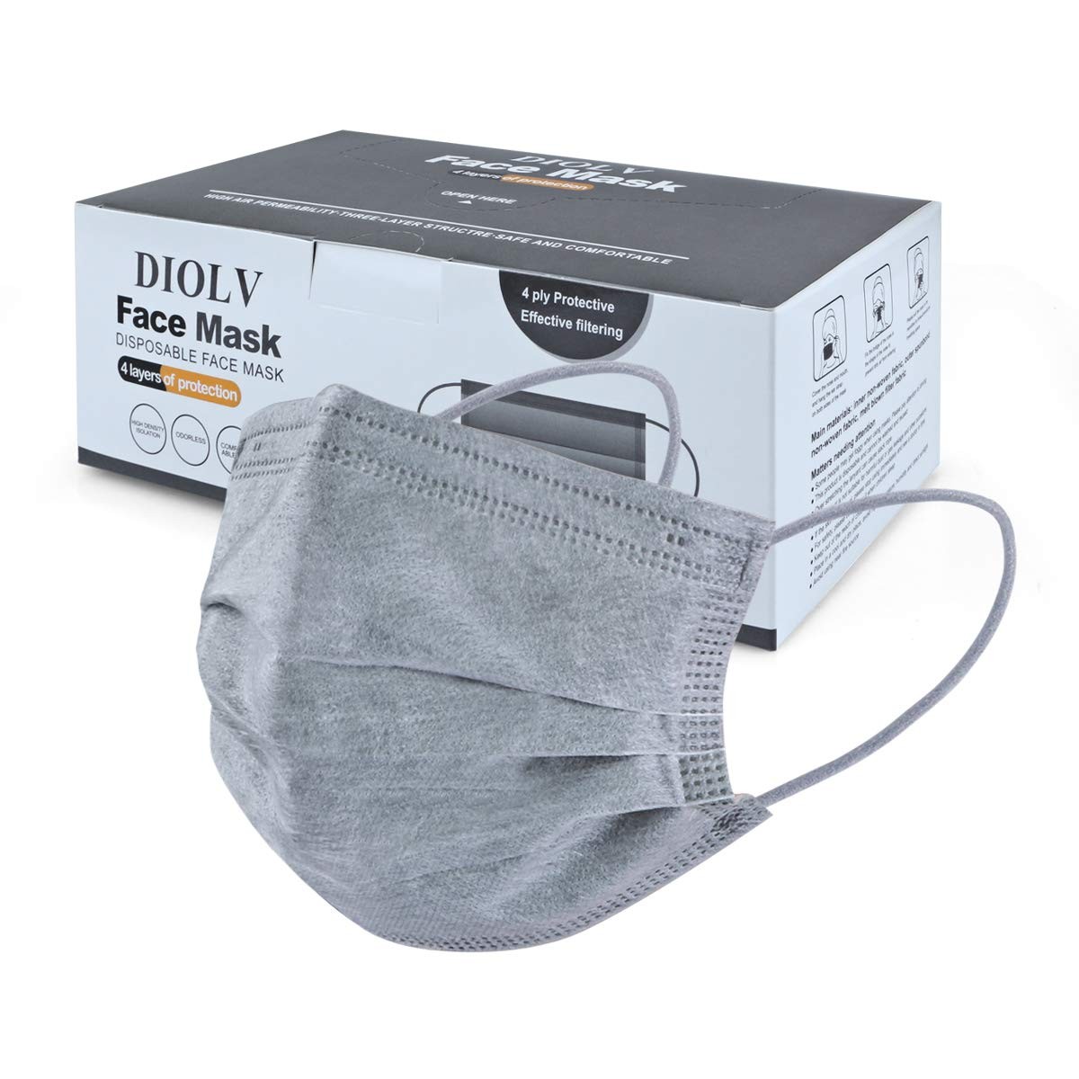 50 Pcs Disposable Face Mask 4-Layer Breathable Masks Dark Gray with White Ear…