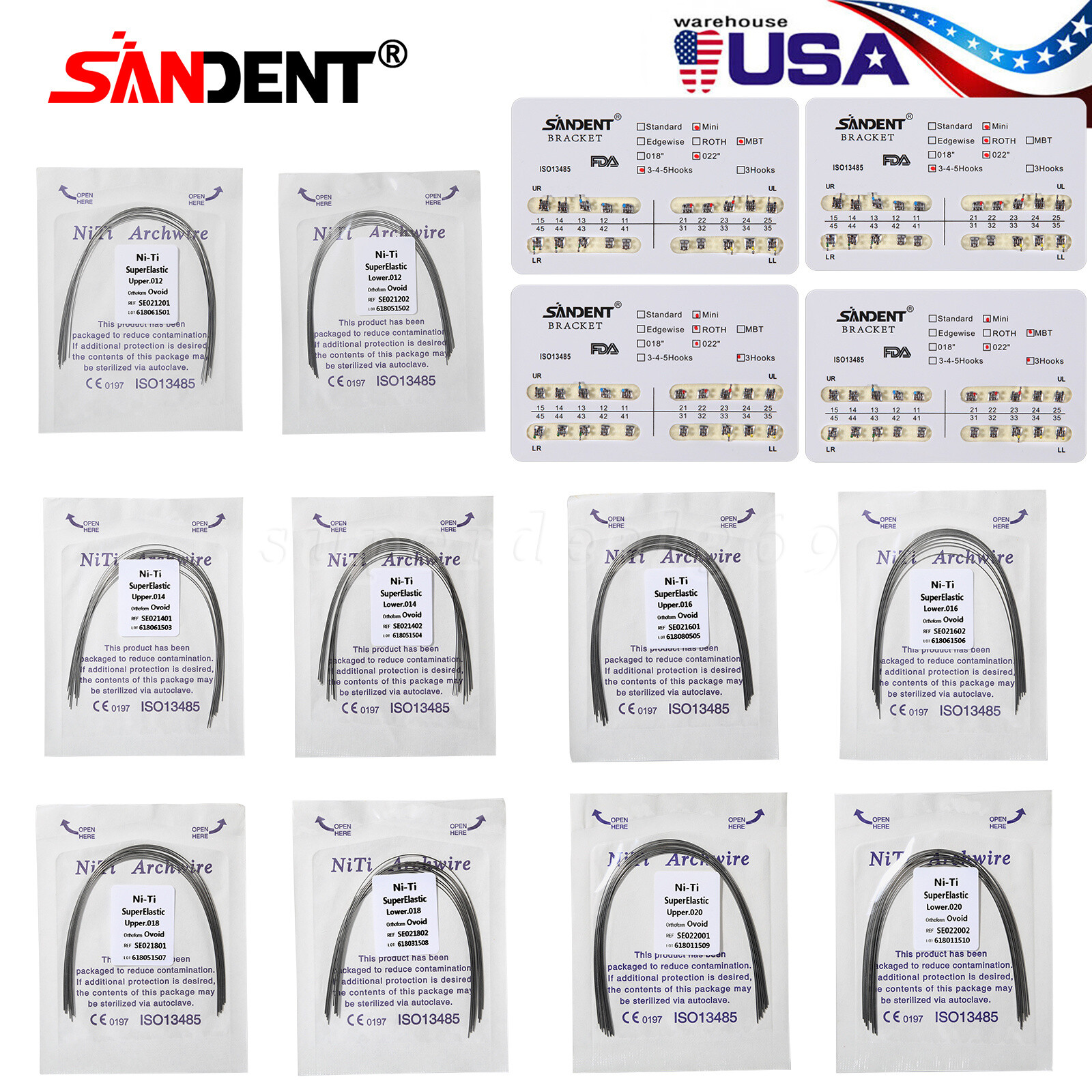 SANDENT Dental Orthodontic Braces Brackets Mini Roth.022 Hook345 / Arch Wire ns