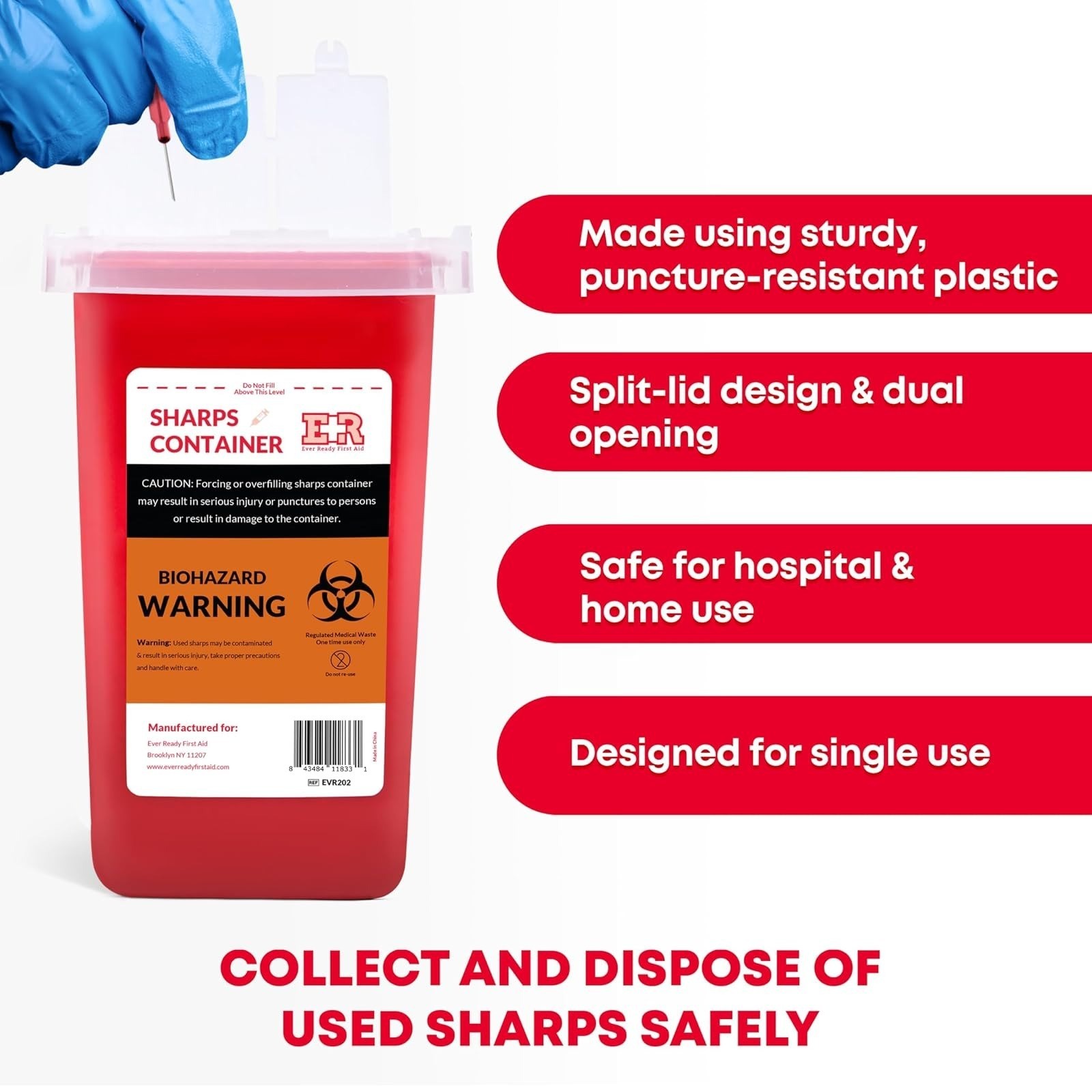 Ever Ready First Aid 3 Count Sharps Container with Locking Lid – 1 Quart
