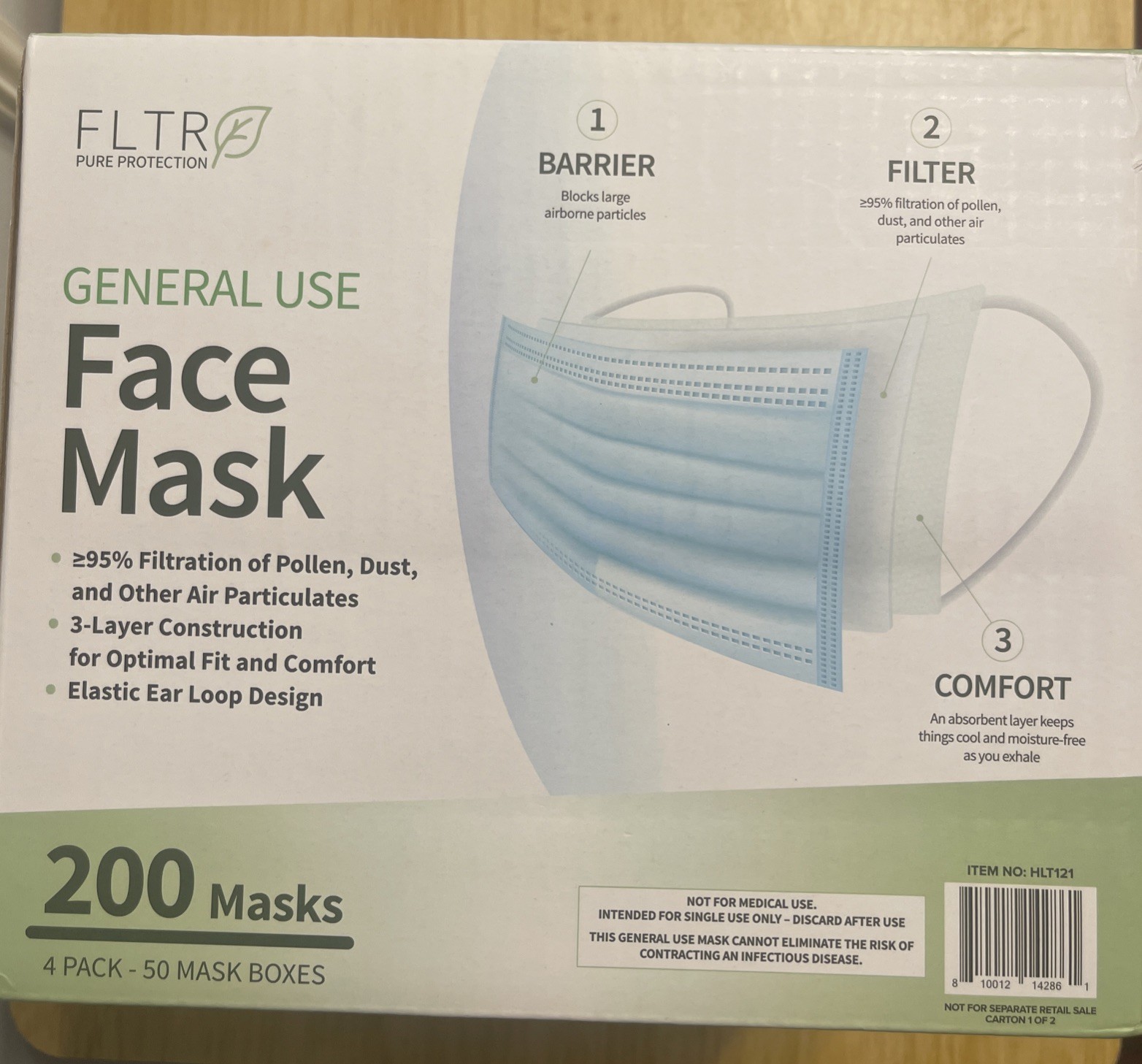 FLTR Pure Protection General Use Face mask 3 Layer/Ear Loop Design 200 Masks
