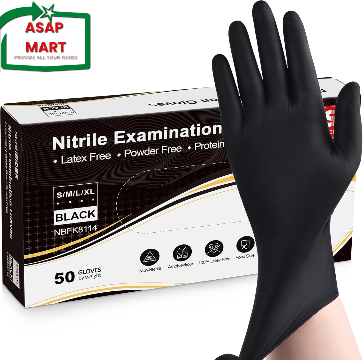 Schneider Black Nitrile Exam Gloves, 5 Mil Disposable Gloves Large 50 Pcs