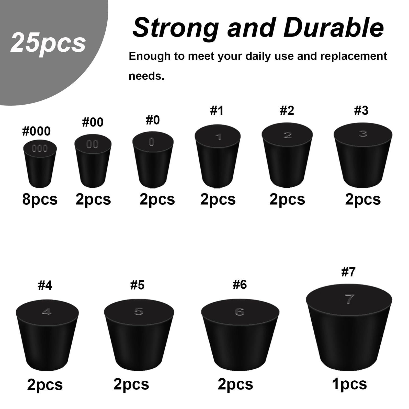 25Pcs Black Rubber Stoppers Assorted Sizes for Lab Use