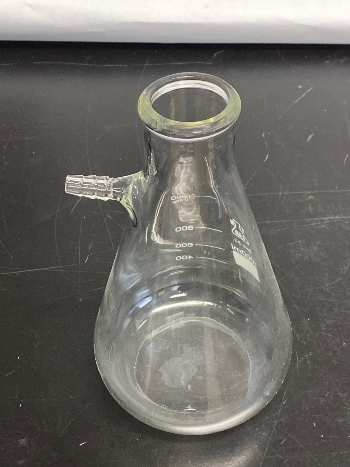 Used Lab 1000mL Heavy Wall Graduated Glass Erlenmeyer Filter Flask w/Sidearm