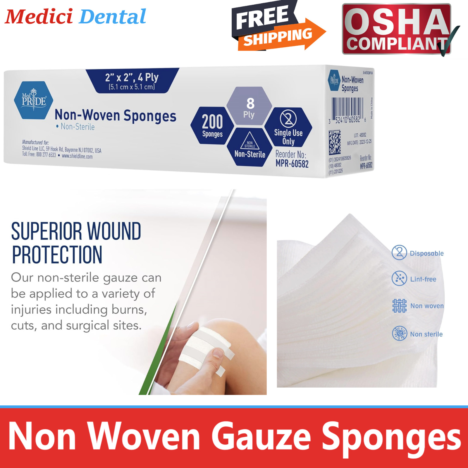 5000Pcs Dental 8-Ply Non-Woven Sponges Non-Sterile Cotton Gauze Size 2 ” x 2 “