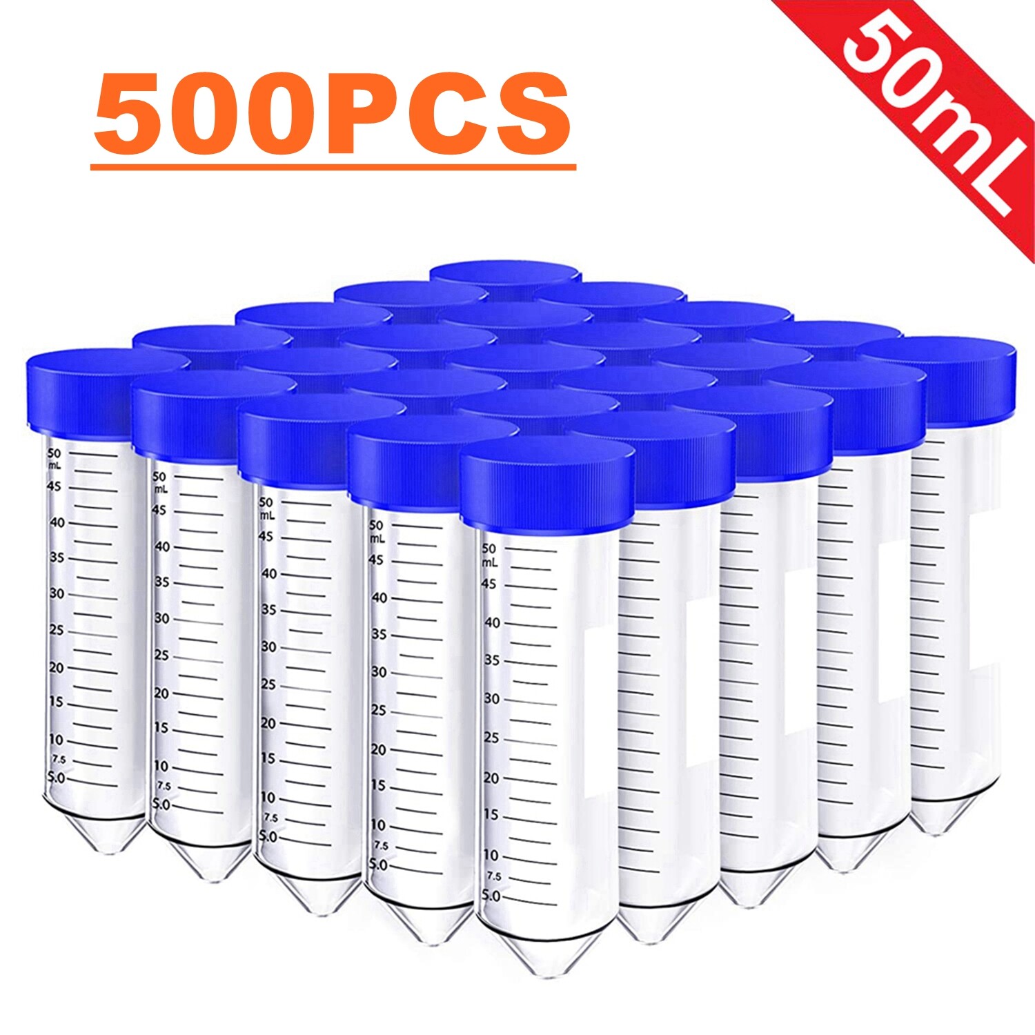 500PCS 50ml Plastic Centrifuge Tube Flat Top Screw Cap Gamma Sterile Graduated
